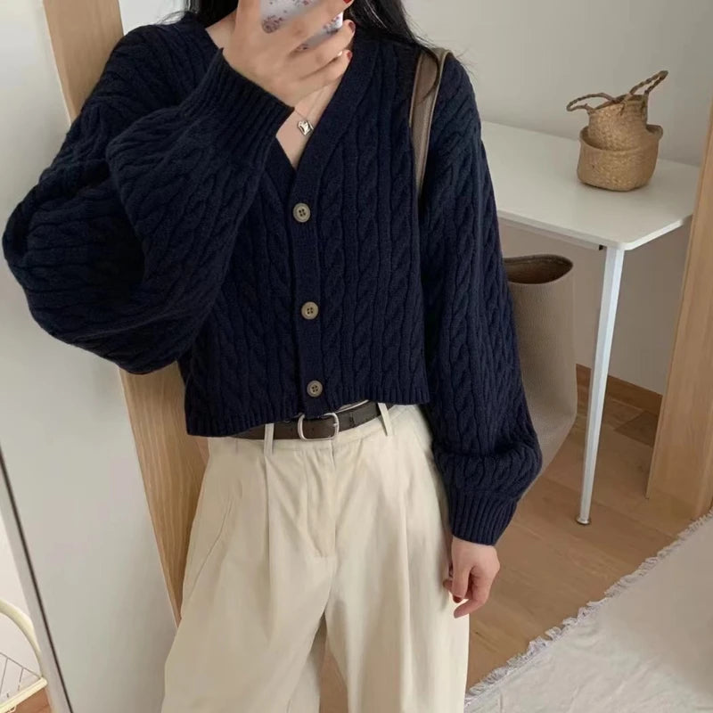 Lunivop Cozy Cable Knit Sweater Cardigan for Women V-neck Button Up Boxy Plain Crop Sweater Jacket Autumn Winter Teen-girl Y2k Outfit