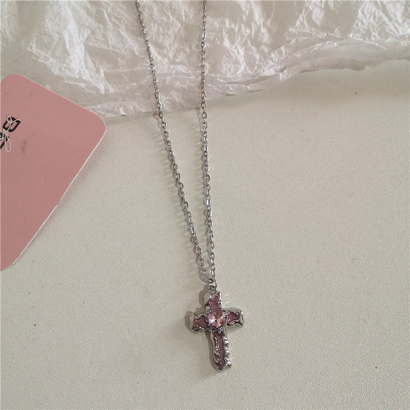 Lunivop Goth Harajuku Cute Pink Cross Heart Bowknot Cat Moon Pendant Chain 90s Aesthetic Necklace Kpop Girl EMO Y2k Grunge Accessories