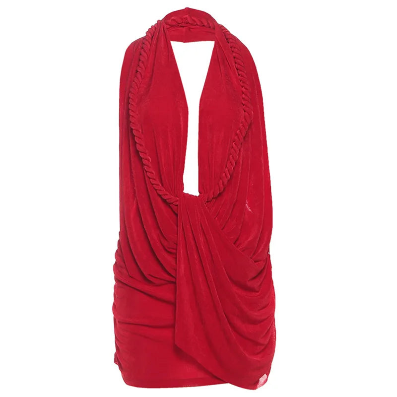 Lunivop  Solid Braid Ruched Mini Halter Dress Deep V Neck Sleeveless Backless Hipster Women Sexy Midnight Clubwear Birthday Outfits