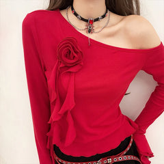 Lunivop  Women's Elegant Flare Sleeve Ruched Red T Shirts Fashion 2025 Autumn Skew Collar 3D Flower Ruffles Irregular Solid Club Tee Tops