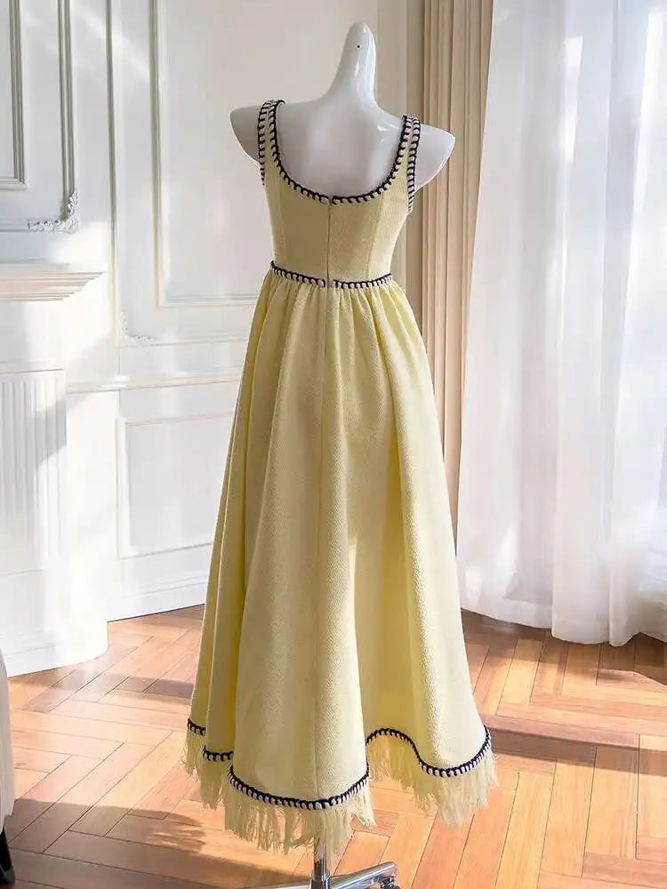 Lunivop  French Elegant Tweed Thick Straps Dresses For Women Square Collar Sleeveless Vintage Maxi Bottom Dress 2025 Autumn