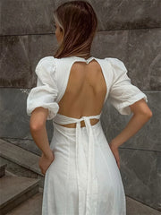 Lunivop  White Backless Summer Dress For Women Short Sleeve Slim V-Neck High Waist Elegant Commute Dress Female Bandage Long Dress