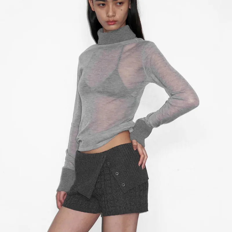 Lunivop Casual Turtleneck  T-Shirt For Women Solid Splice Slim Bottoming Pullover Top Sexy See Through Long Sleeve Lady  T-Shirt