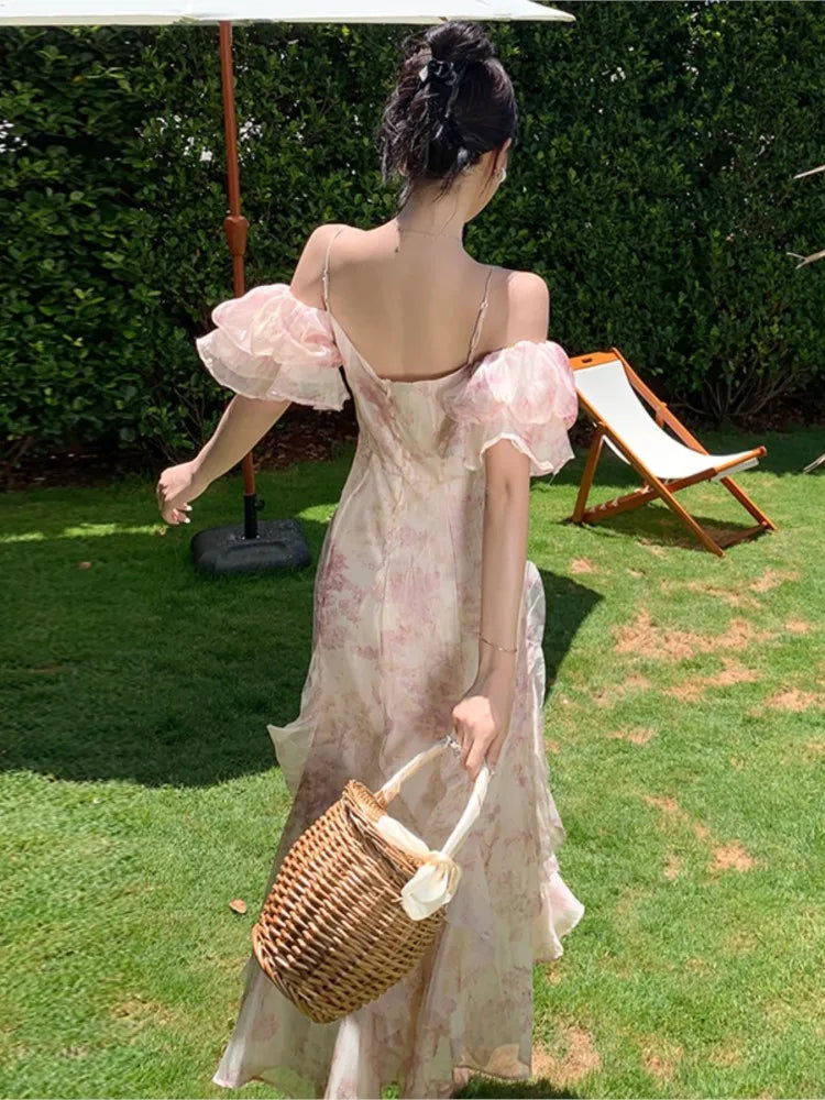 Lunivop French Style Floral Print Long Dresses For Women Elegant Halter Backless Puff Sleeve Dress Summer Holiday A-Line Vestidos