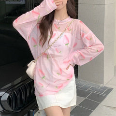 Lunivop  Summer New Women's Sunscreen Clothing Crew Neck Strawberry Print Stylish Loose All-match Long Sleeve Casual T-shirt Tops