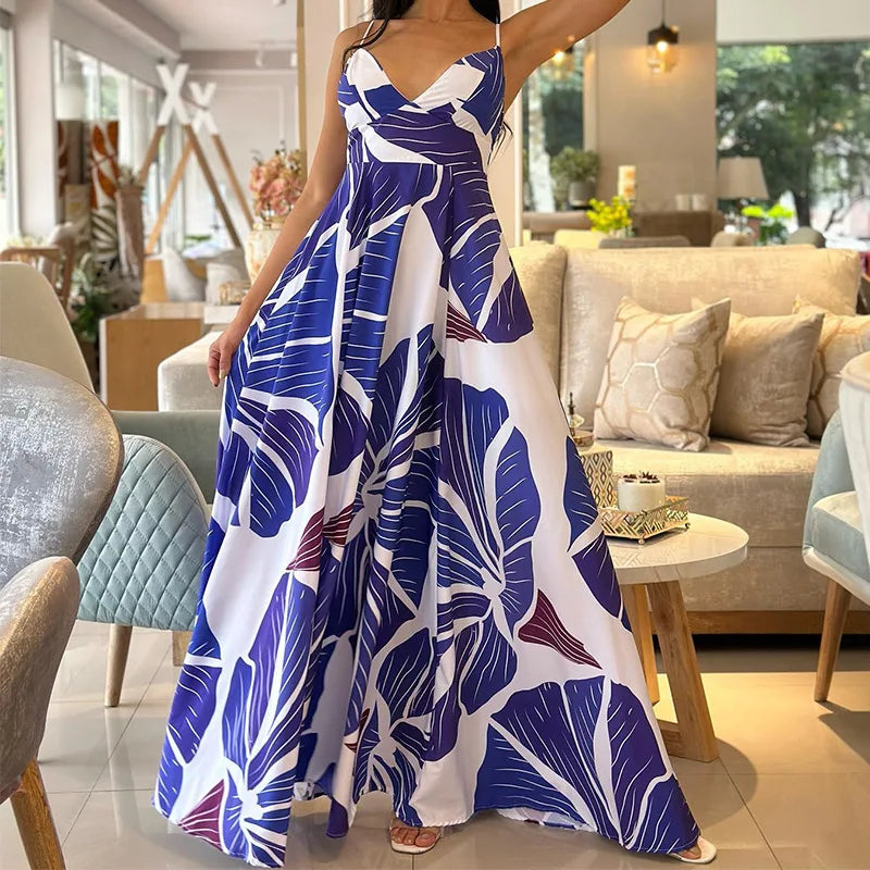 Lunivop   Print Sleeveless Casual Women Dress Sexy V Neck Straps Summer Beach Dresses Backless A-line Floor-Length Draped Robe
