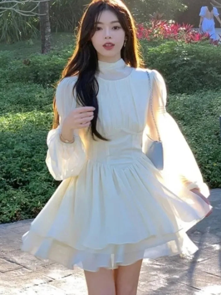 Lunivop  Women French White Chiffon Dresses Summer Elegant Sleeve Slim Puff Sleeve bodycon Gentle Fairy Short Dress