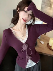 Lunivop  Lace Patchwork V-neck 3D Flower T-shirt for Women 2025 New Slim Waist Bottoming Tops Mujer Y2k Long Sleeve Tee Shirt