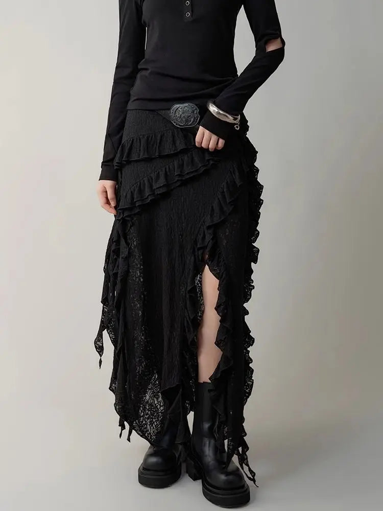 Lunivop Gothic Black Y2k Skirts Women Gyaru 2000s Lace Irregular Long White Skirt Streetwear Irregular Ruffle Skirts Aesthetic