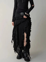 Lunivop Gothic Black Y2k Skirts Women Gyaru 2000s Lace Irregular Long White Skirt Streetwear Irregular Ruffle Skirts Aesthetic