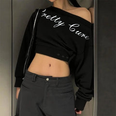 Lunivop  BKLD Inclined Collar Letter Printed Fashion Crop Tops Autumn New Street Style Long Sleeve Loose Asymmetric Sexy Casual Pullovers