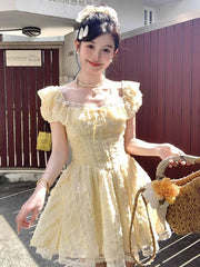 Lunivop  Sweet Sexy Slim Yellow Dress Women Fashion Lace Patchwork Cute Mini Dress Chic Square Collar Puffy Sleeve Elegant Vestidos