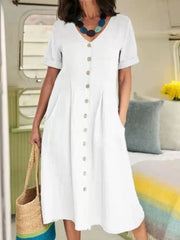 Lunivop  Spring/Summer New Cotton and Hemp Dress V-neck Fashion Short Sleeved Single Breasted Elegant Loose High Waist Pleated Dress