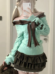 Lunivop  Y2k Kawaii Lolita Knitting Long Sleeve Bow 2-piece Set Vintage Chic Slim Off Shoulder Sweater + High Waist Lace Skirt Suit New