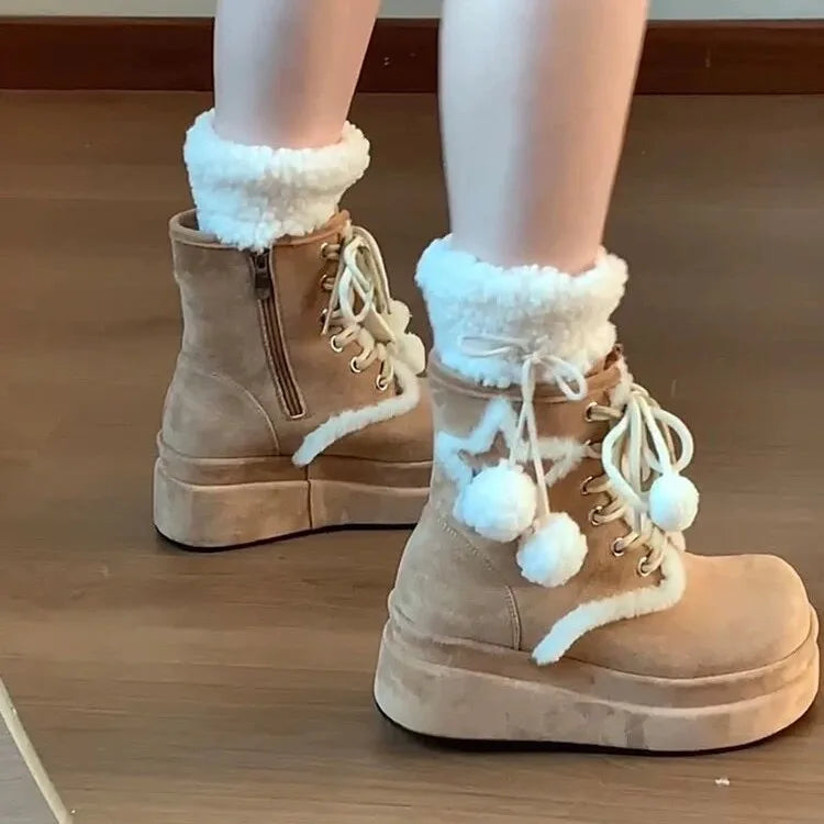 Lunivop Winter New Snow Boots Women Shoes Thick-Soled Mid-Calf Boots for Women British Retro Platform Boots Warm Thick Furry Shoes