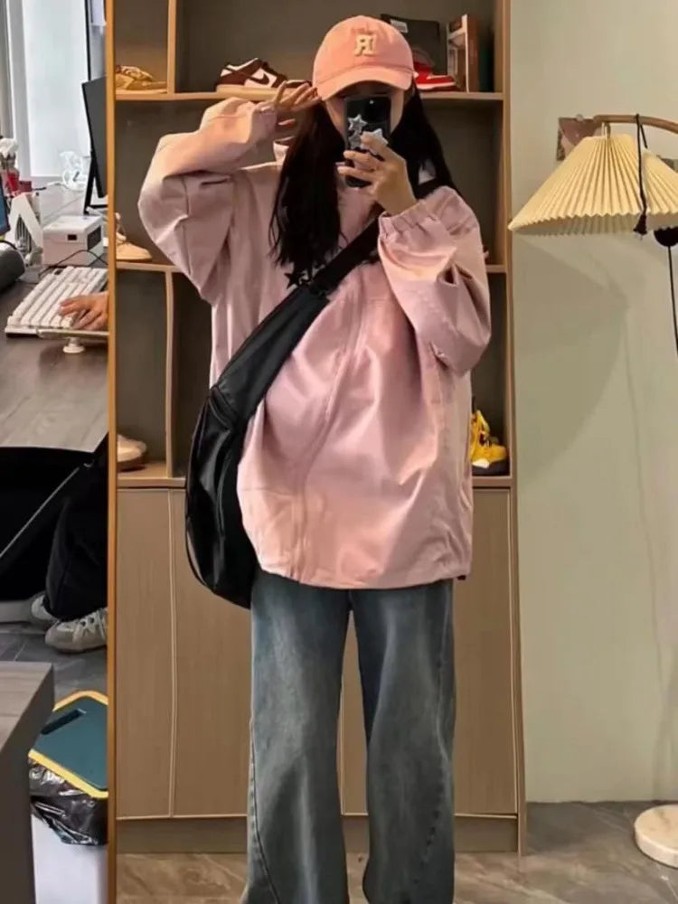 Lunivop Korean Style Gorpcore Pink Track Jackets Women Hippie Y2K Oversize Zipper Windbreaker Jacket Harajuku Streetwear Outwear