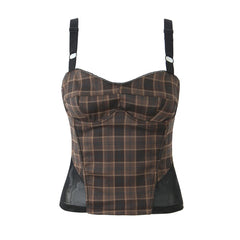 Lunivop  Sexy Ruched Wire Bra Coffee Plaid Camis Women Spliced Black Mesh Waist Back Zipper Crop Top Camisoles Bra Tank Vest