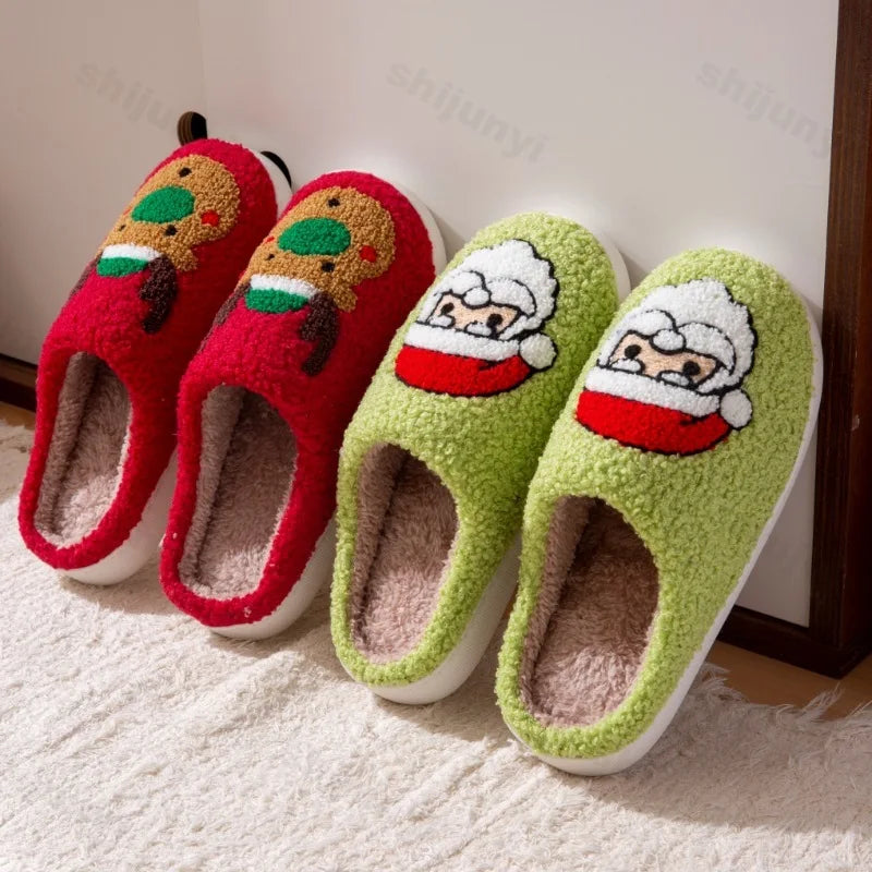 Lunivop New Christmas Elk Cotton Slippers for Women Men Winter Cute Cartoon Home Non Slip Couple Floor Slides Indoor Plush Shoes