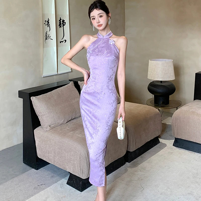 Lunivop  Women Purple Jacquard Diamonds Luxury Long Dress Summer Fashion Chic Neck-mounted Dress Korean Vintage Elegant Party Dress