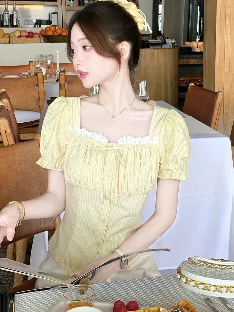 Lunivop  Sweet Yellow Striped Shirt Women Casual Vintage Square Collar Slim Blouse Korean Preppy Style Puffy Sleeve Elegant Tops New