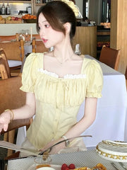 Lunivop  Sweet Yellow Striped Shirt Women Casual Vintage Square Collar Slim Blouse Korean Preppy Style Puffy Sleeve Elegant Tops New