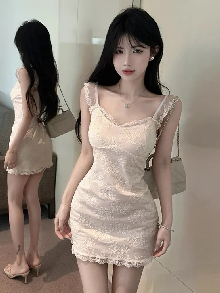 Lunivop  Women Dress Sleeveless Lace Patchwork Slash Neck Slim Elegant French Style Chic Party Mini Dresses Female Fashion