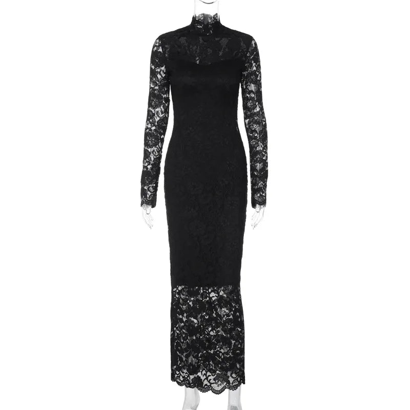 Lunivop Lace Spliced Long Sleeve Solid Slim Elegant Evening Night Dress Party Summer Casual Y2K Streetwear Dropshipping Clothing