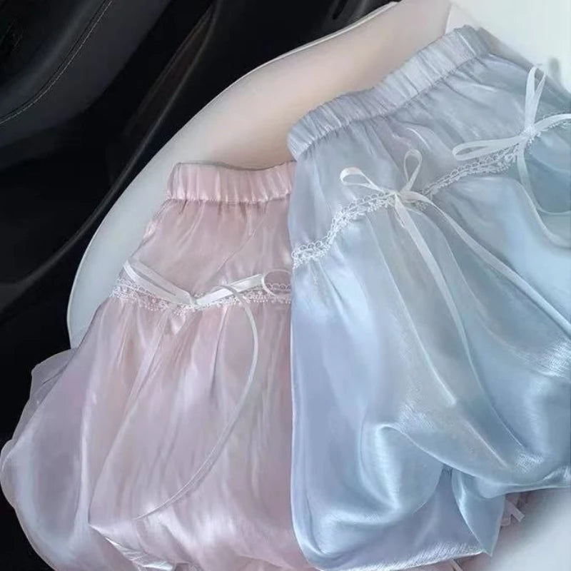 Lunivop Fairycore Sweet Mini Skirt Women Pink Y2k Coquette Elegant Bow Short Skirts Kawaii Lace Patchwork Puffy Ruffle Skirts