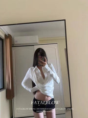 Lunivop  Y2k Fake Two Piece Patchwork Long Sleeve Blouses Simple White Slim Fit Bottoming Tops Mujer 2025 Spring New Blusas Mujer