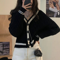 Lunivop Women Knit Cardigan Sweater with Contrast Trim V-Neck Button Up Boxy Sweater Jacket Autumn Winter Teen-girl Preppy Chic Outfit