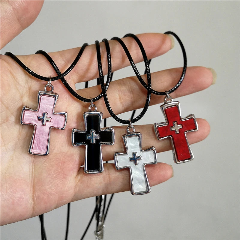 Lunivop Red Pink Large Cross Pendant Leather Choker Necklace Goth Punk Jewelry Charm Statement Women Men Y2k Accessories Halloween Gift