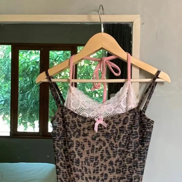 Lunivop  Sexy American Spice Girls Fake Two Piece Vest Leopard Unique Slim Short Sling Pure Desire Fairycore Sexy Trendy Tanks
