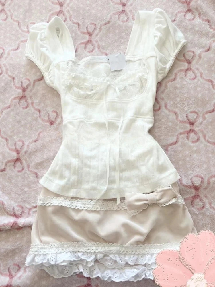 Lunivop  Casual Vintage Short Sleeve T Shirts Women Design Chic Korean Lace-Up Y2k Crop Tops Fashion Sweet Elegant White Tees T-shirts