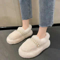 Lunivop New 2025 Women's Winter Thick Soled Cotton Shoes Fashion Pearl Beaded Warm Plush Thick Soled Loafers Fashion Slip Casual Shoes