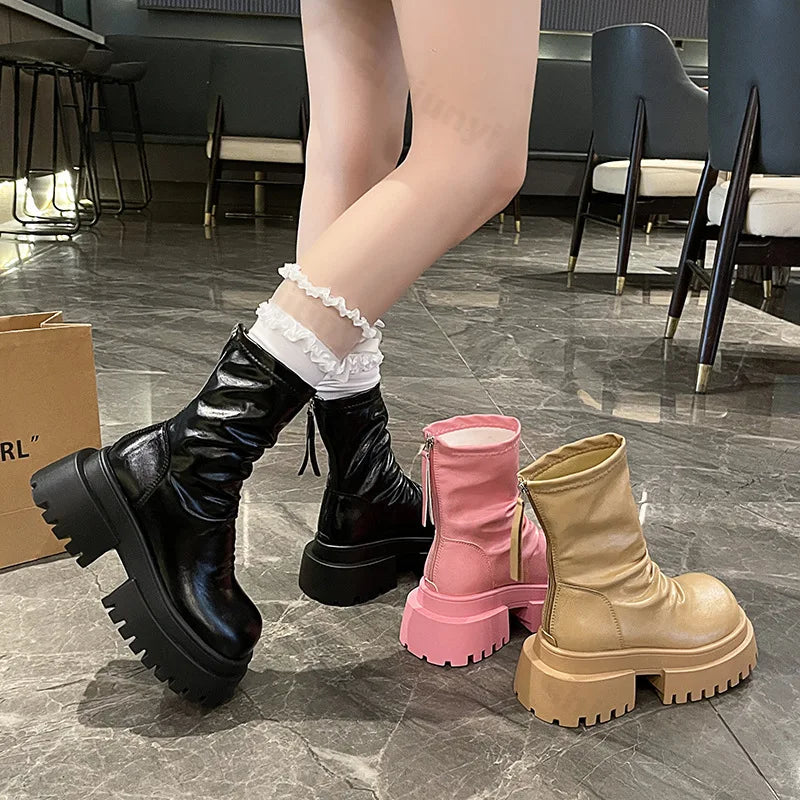 Lunivop Platform Thick Heel Women Knight Short Boots Fashion Pleated Back Zipper Elastic Slim Ankle Booties Autumn Winter Female Shoes