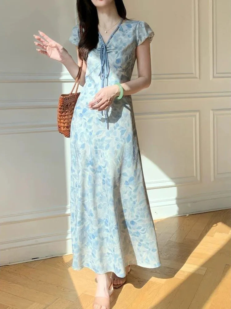 Lunivop  Sweet Blue Print Long Dress Women Slim Vintage V Neck Elegant Dress Casual French Retro Lace Up Female Soft Vestidos New