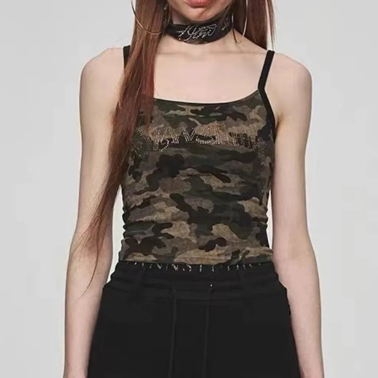 Lunivop  American Retro Cotton Camouflage Camisole 2025 Summer New Diamond Vest for Women Y2k Slim Fit Gothic Simple Yops Mujer