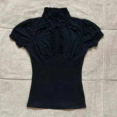 Lunivop  Chic Euramerican Vintage Fashion Stand Collar Pleated T Shirts Y2k Aesthetic Harajuku Solid Punk Clothes Slim Fit Draped Shirt