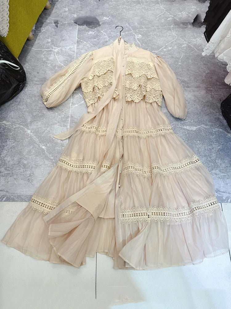 Lunivop Soliod Lace Splice Dresses Women's Round Neck Half Sleeve Single Breasted High Waist Elegant Dress Summer 2025 New