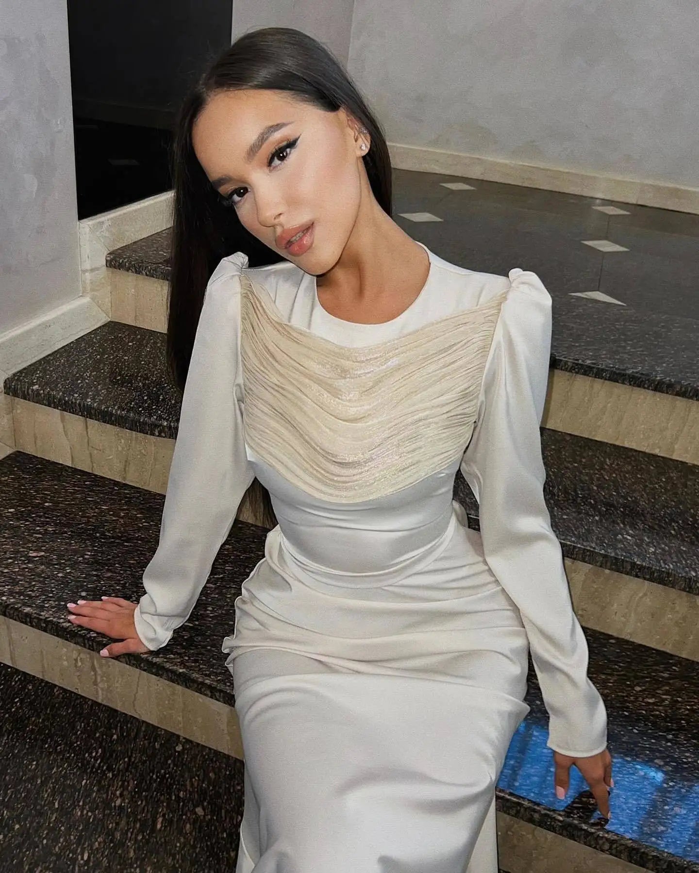 Lunivop O Neck Long Sleeve Sexy Maxi Dress For Women Fashion Elegant Solid Ruched High Waist Bodycon Long Dress Clubwear