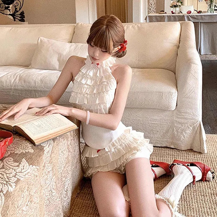 Lunivop  Ruffles Patchwork Halter Sleeveless Vest Top for Women+ High Waist Sweet Skirts Shorts 2025 Summer New Two Piece Sets