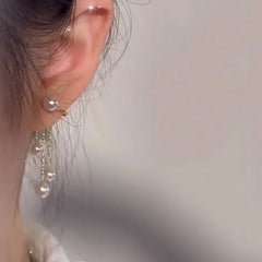 Lunivop Korean Trendy Pearl Golden Long Tassel Earrings for Women Exquisite Alloy Ear Clip Sweet Elegant Party Jewelry Wedding Gifts