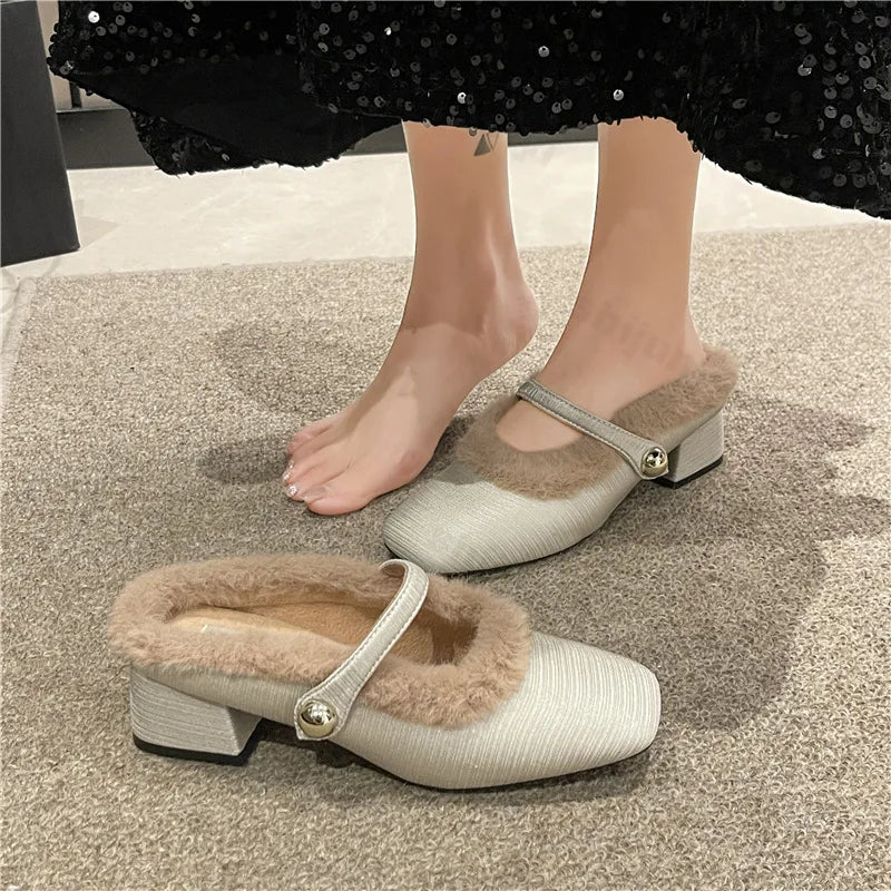 Lunivop Elegant Metal Buckle Mary Janes Woman Half Slippers New Mid Heel Dress Shoes Ladies Winter Warm Plush Belt Pumps Zapatos