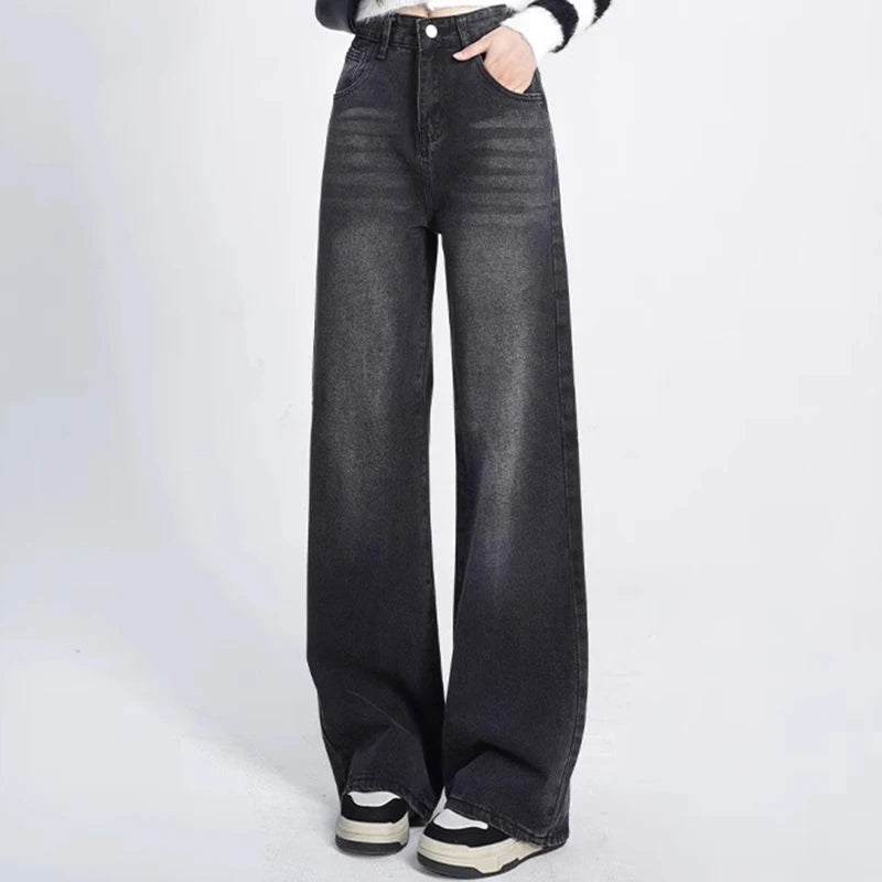 Lunivop  Woman Korean High Waist Jeans Lady Slim Fit Loose Denim Wide Leg Pants Girls Black Gray High Street Straight Leg Trousers