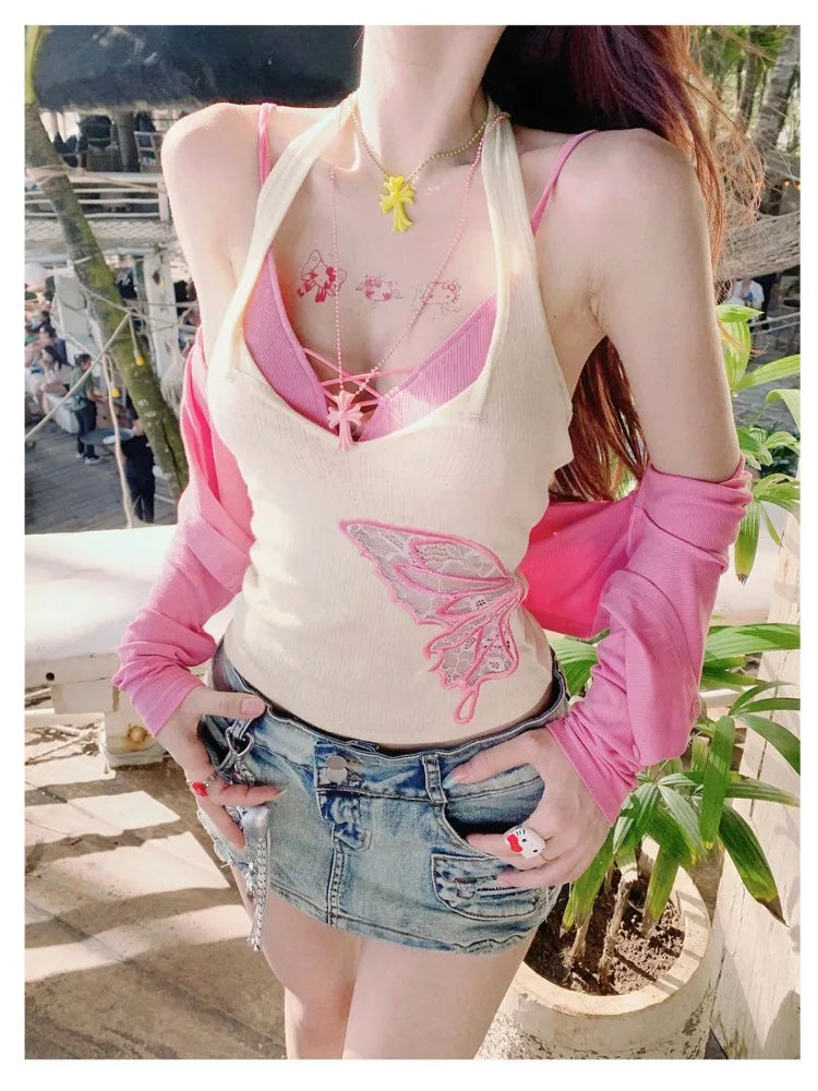Lunivop  Y2k Long Sleeve Knitted Cardigan+ Sexy Slim Fit Vest Top for Women+ Hollow Out Lace Up Camisole Summer Three Piece Sets