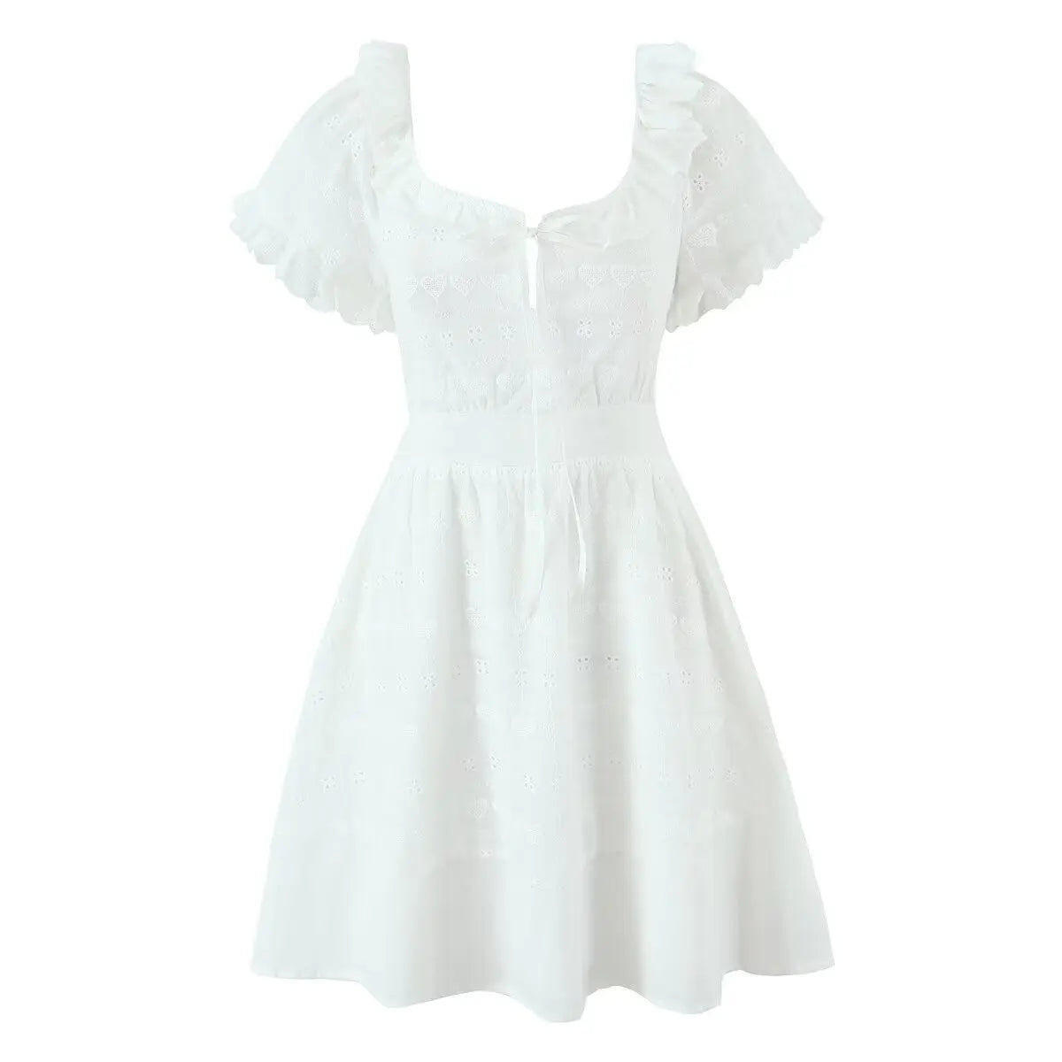 Lunivop  Pretty Girl Holiday Summer Dresses Women O Neck Short Sleeve A-line Mini Hollow Out Embroidery White  Dress Backless Robe