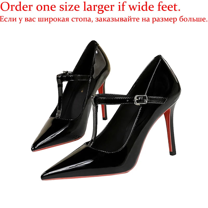 Lunivop  Women Trendy T-Strap Buckle 10cm High Heels Pumps Female Glam Patent Leather Stiletto Shoes Lady Elegant Valentine Date Shoes