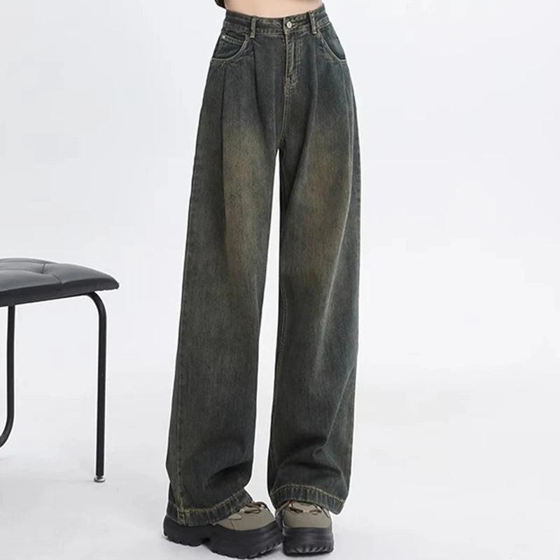 Lunivop  Woman High Waist Straight Leg Jeans Lady Loose Denim Wide Leg Pants Girls Korean Khaki Retro Blue Light Blue Gray White Trousers