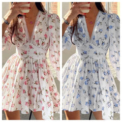 Lunivop  Women Floral Print Mini Dress High Waist A-Line Summer Autumn Long Sleeve V Neck Dresses Vintage Beach Vacation Casual Vestidos