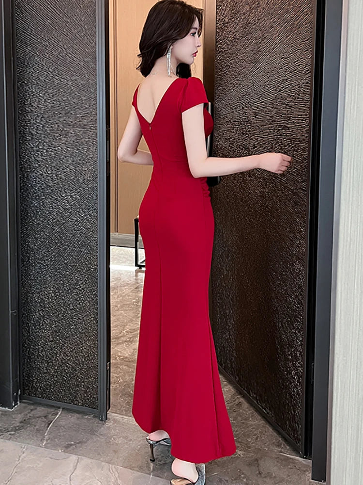 Lunivop  Summer Korean Vintage Hepburn Black Long Dress Gown Women Red Elegant Diamonds V-Neck Sexy Club Dress Fashion Chic Vestidos